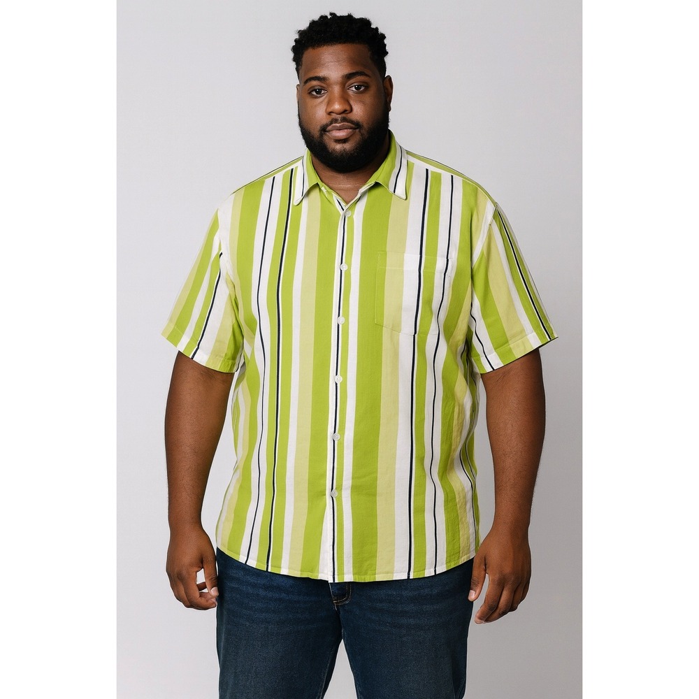 GB‎ Black Label Mens 2XL Striped Short Sleeve Button Up Shirt Lime Green White